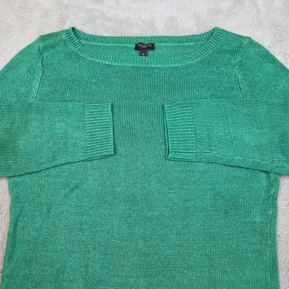 Talbots Linen Sweater Womens SP 3/4 Sleeve Boat Neck Knit Pullover Kelly Green